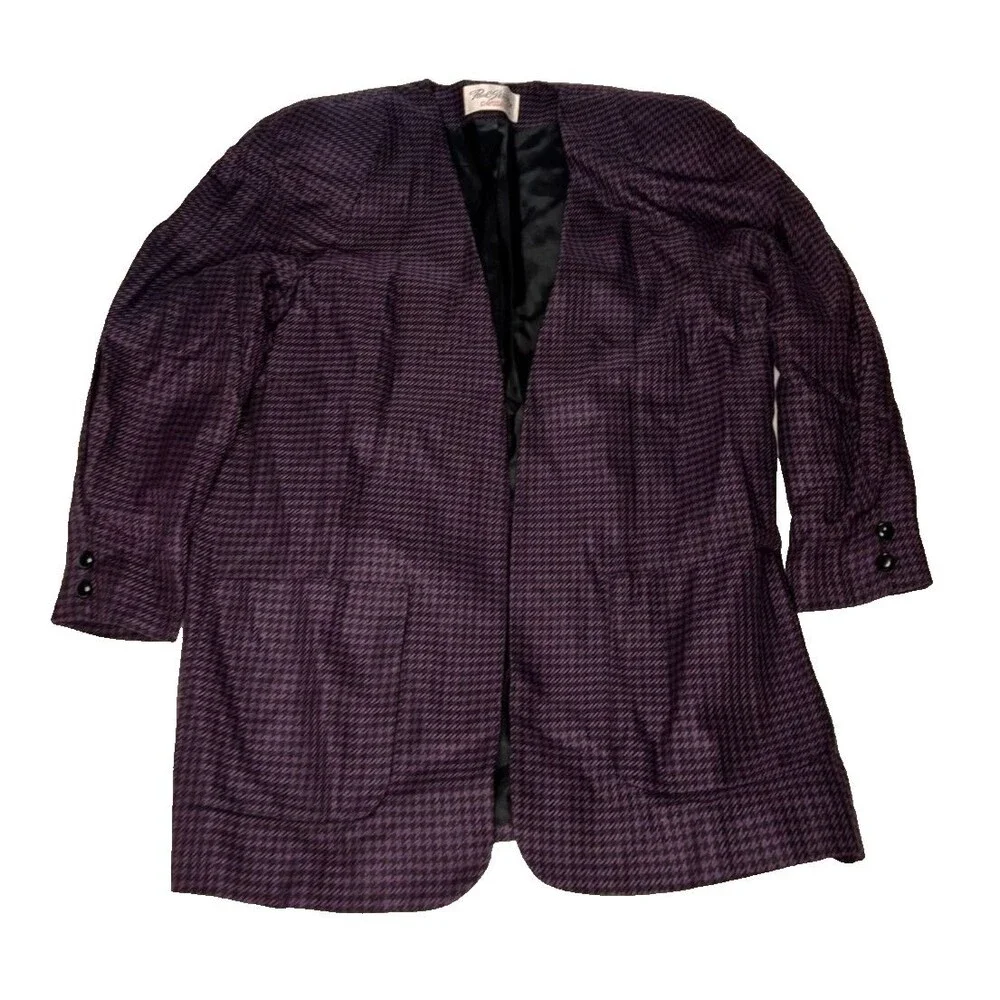 VTG Paul Stanley Women's Open Blazer Purple Black Houndstooth Size 8 Petite Long
